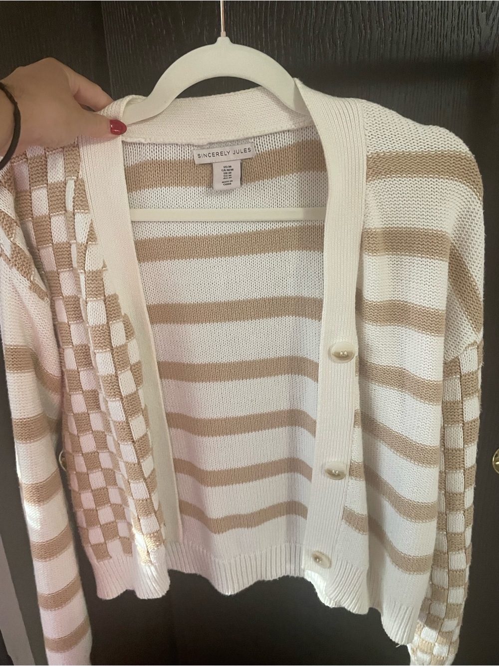 Sincerly Jules Cream and Tan Striped Button-Front Cardigan